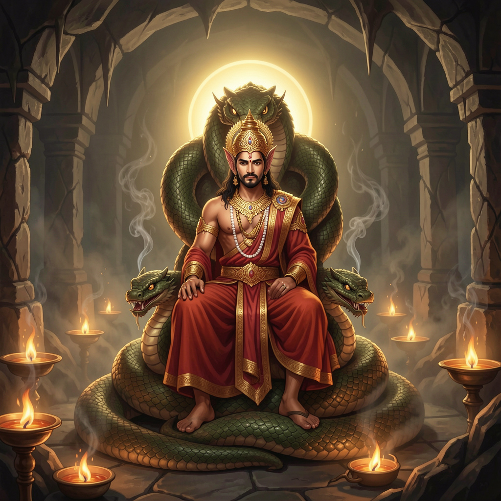 ketu dev seated on coiled serpent throne in dim ca 35832