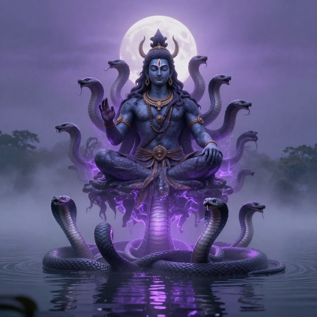 rahu dev male deity floating over misty lake manyh 35830
