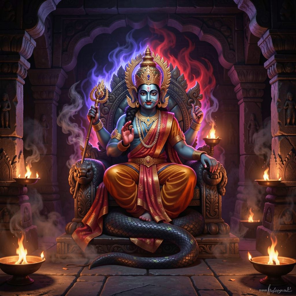 rahu dev on serpent throne inside ancient dark sto 35828