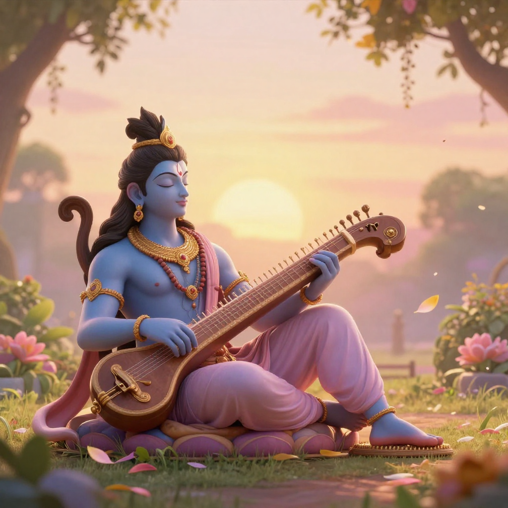 shukra dev reclining in celestial garden playing v 83769