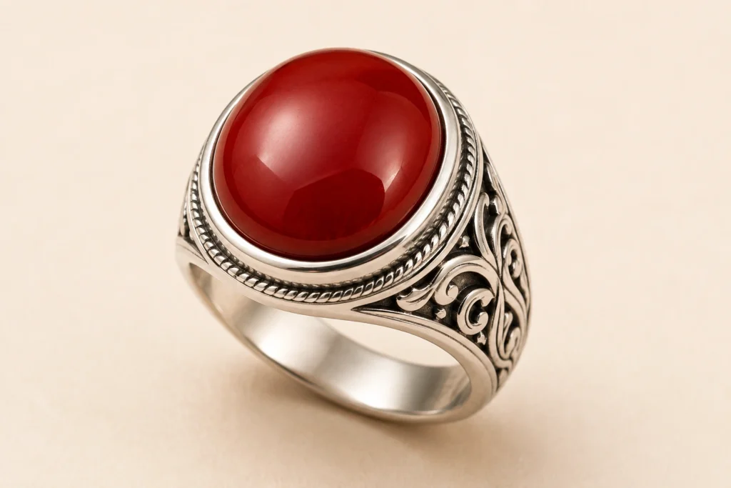 silver ring with red moonga